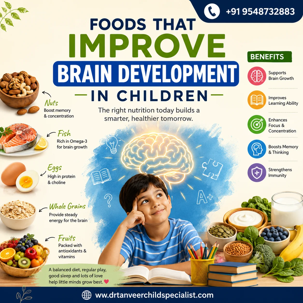 Foods That Improve Brain Development in Children with healthy foods like eggs, fish, nuts, fruits, dairy, and whole grains supporting memory, learning, and brain growth.