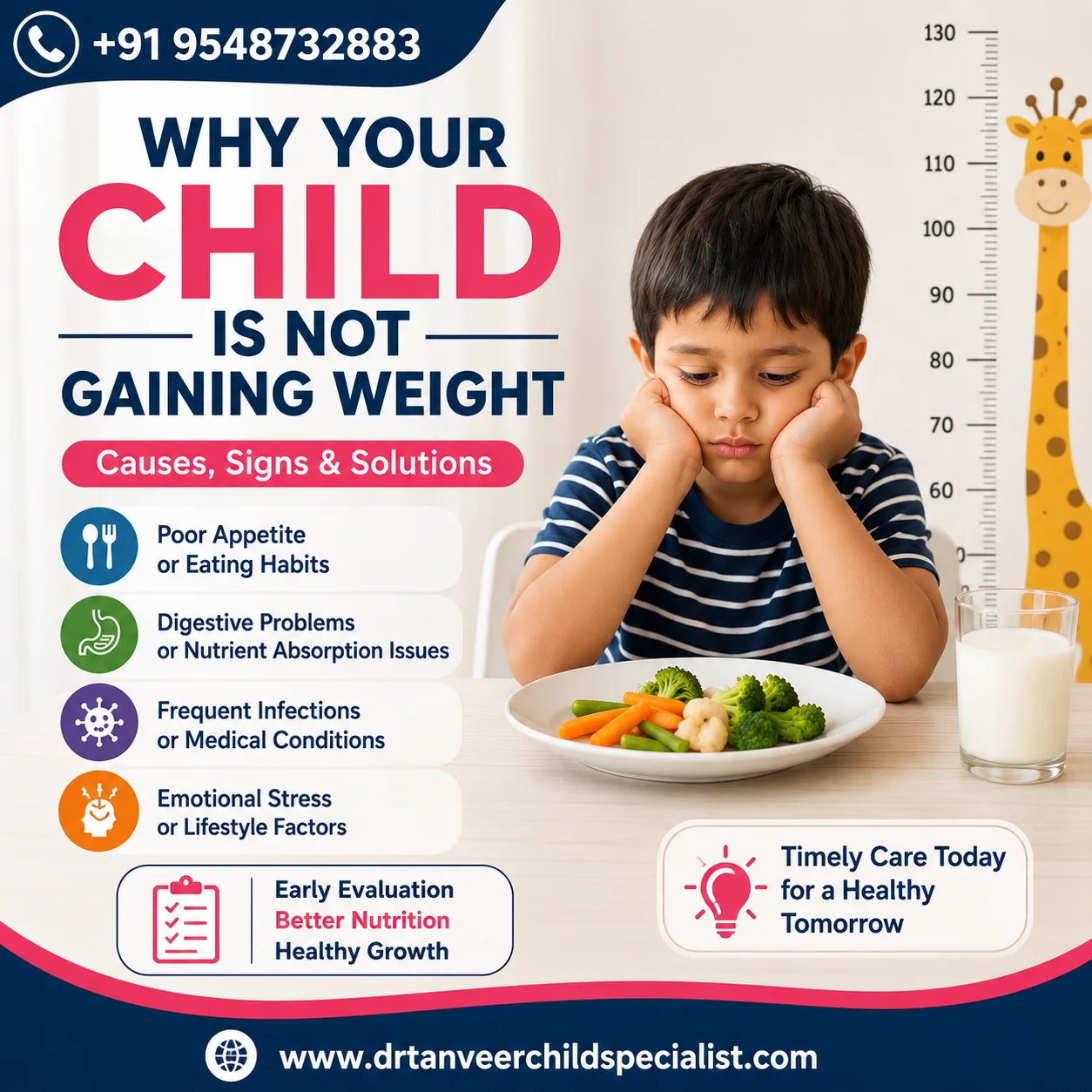 Why Your Child Is Not Gaining Weight infographic showing common causes, warning signs, and healthy growth tips for children.